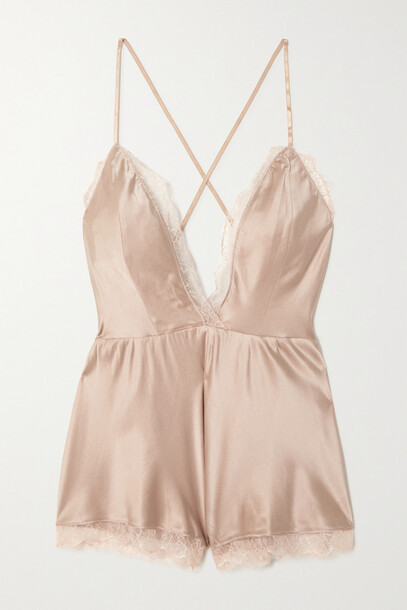 Sleeping with Jacques - Alexa Lace-trimmed Stretch-silk Satin Playsuit - Pink