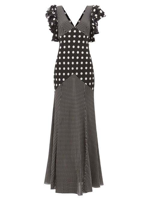 Raey - Spot Print Frill-sleeve Silk Dress - Womens - Black And White