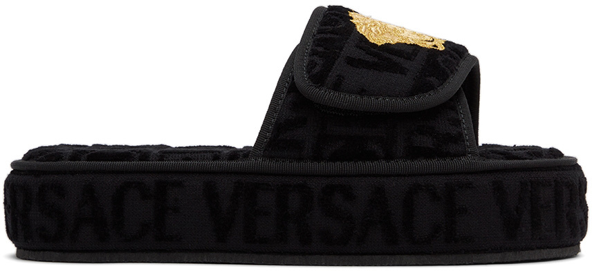 Versace Underwear Black Jacquard Logo Medusa Sandals in nero