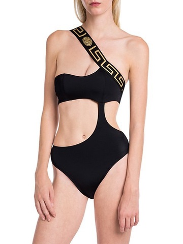 swimwear,versace,greca border,black,one piece swimsuit