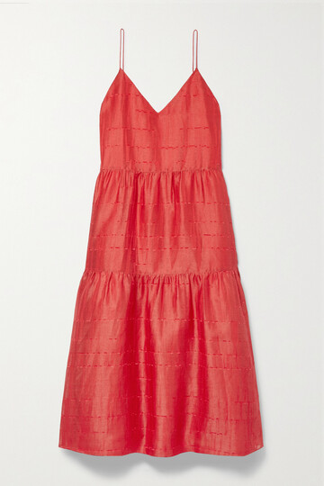 Lafayette148 - Hartford Tiered Linen-blend Jacquard Midi Dress - x small in red