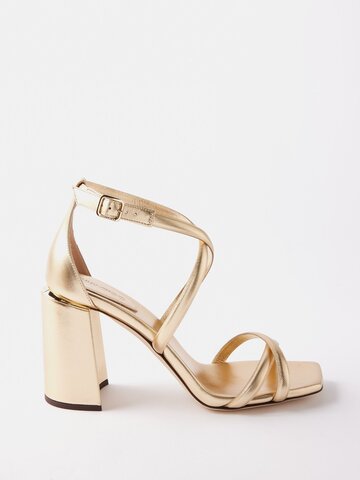 jimmy choo - rheea 85 crossover-straps metallic-leather sandals - womens - gold