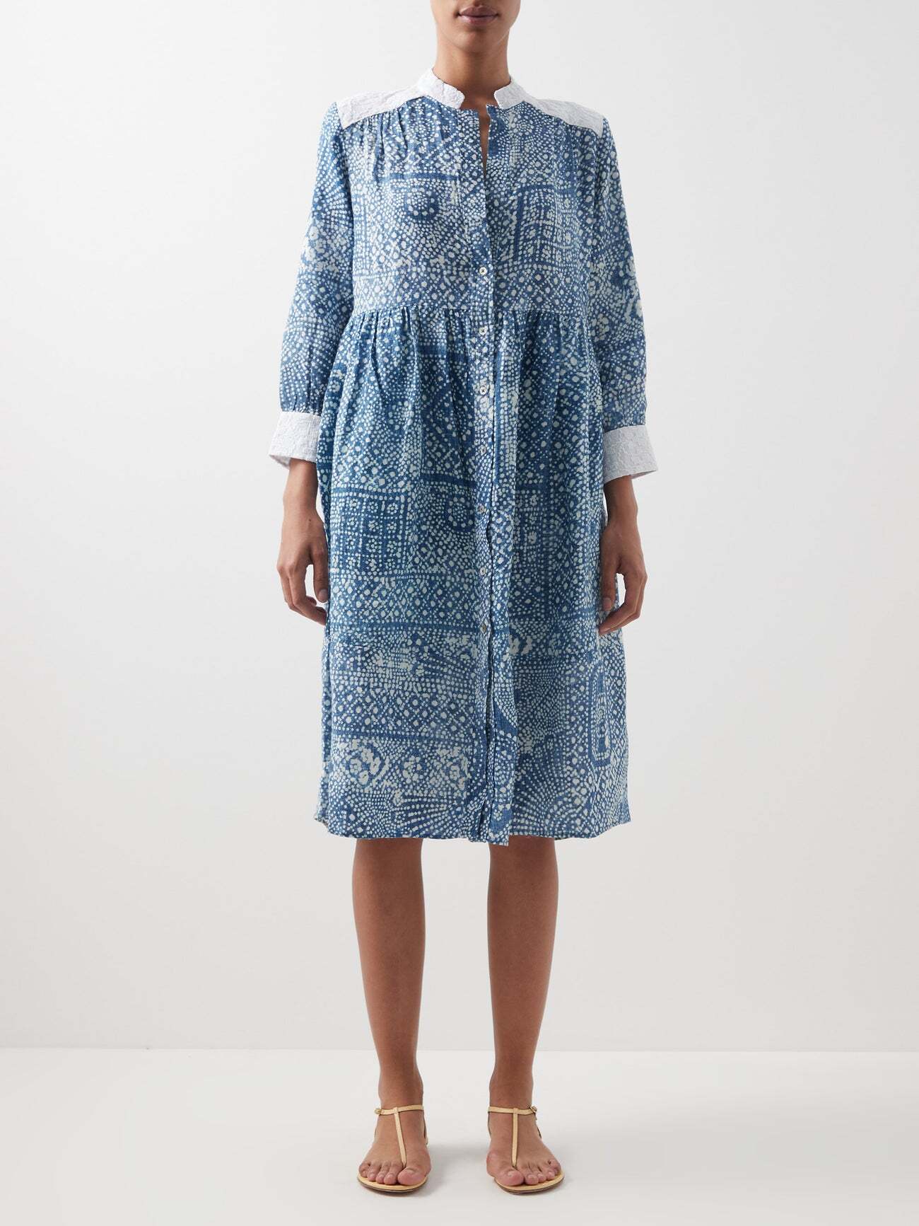 Wiggy Kit - Gabby Stand-collar Linen Midi Shirt Dress - Womens - Blue Print