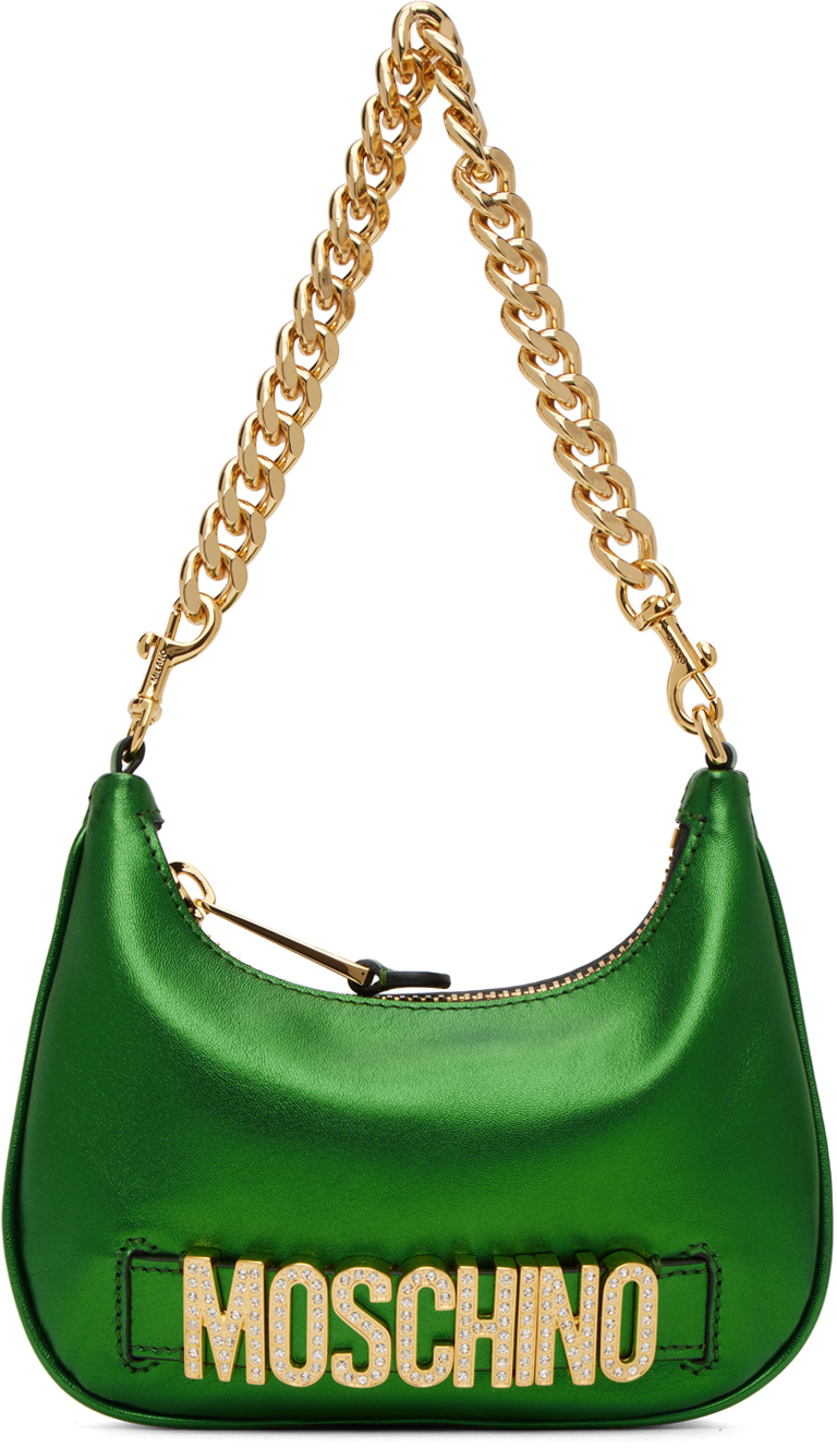 Moschino Green Crystal-Cut Shoulder Bag in print