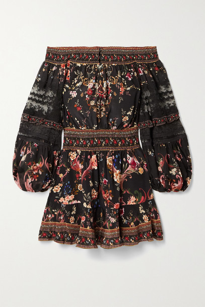 CAMILLA - Off-the-shoulder Lace-trimmed Floral-print Silk Crepe De Chine Mini Dress - Black