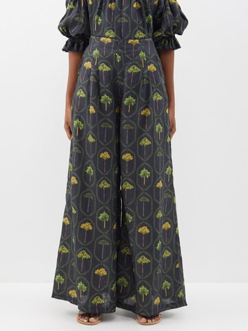 agua by agua bendita - pinon botanical-print linen wide-leg trousers - womens - black multi