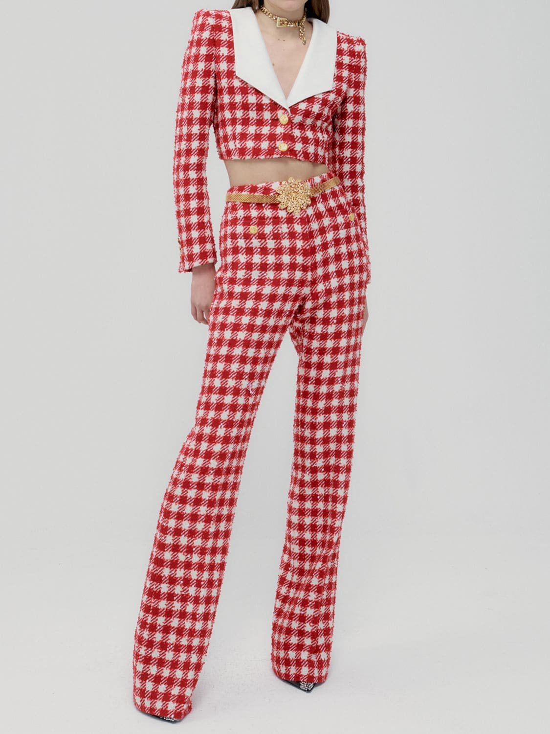 ALESSANDRA RICH Gingham Wool Blend Tweed Flared Pants in red / white