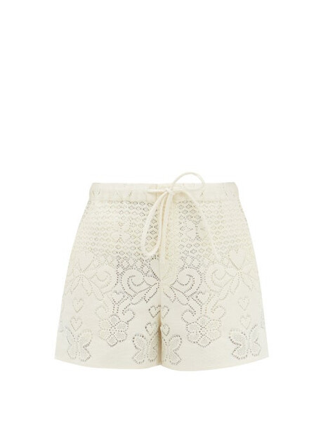 Valentino - Hearts Floral-embroidered Cotton-blend Shorts - Womens - Ivory