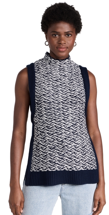 3.1 phillip lim wool float jacquard mock neck sweater vest navy-ivory xs