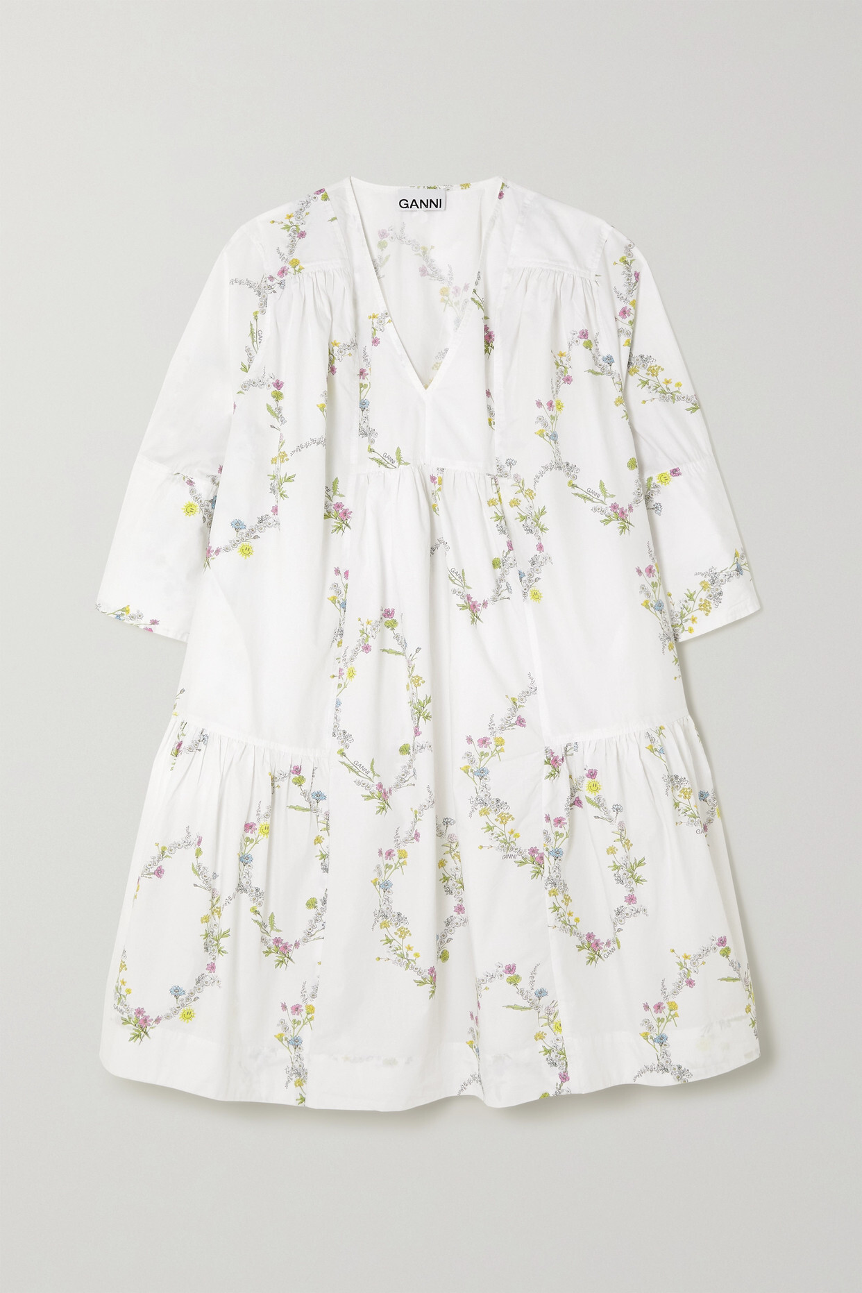 GANNI - Tiered Floral-print Organic Cotton-poplin Mini Dress - White