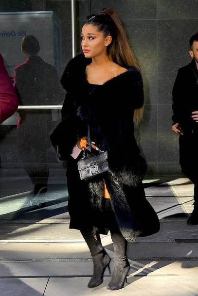 coat, ariana grande, celebrity, all black everything, black, fur, fur ...