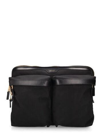 tom ford logo tech & leather messenger bag in black