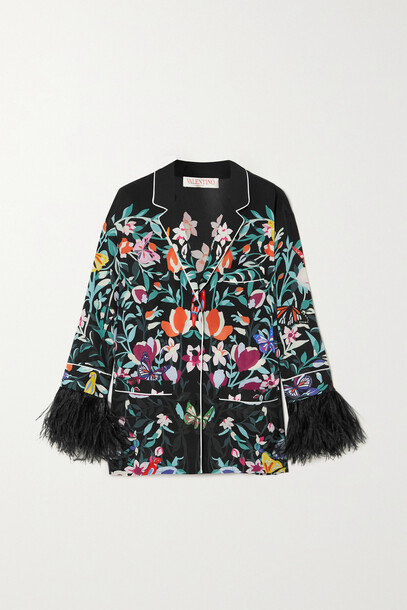 Valentino - Feather-trimmed Printed Silk Crepe De Chine Shirt - Black