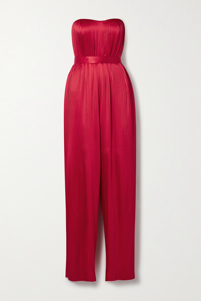 SemSem - Strapless Belted Plissé Silk-satin Jumpsuit - Red