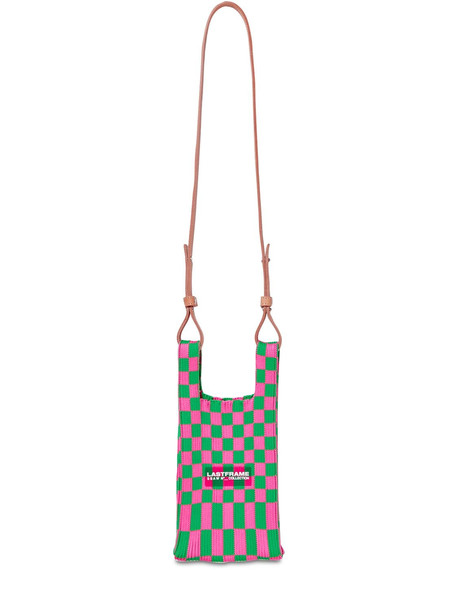LASTFRAME Mini Ichimatsu Market Bag W/ Leather in green / pink