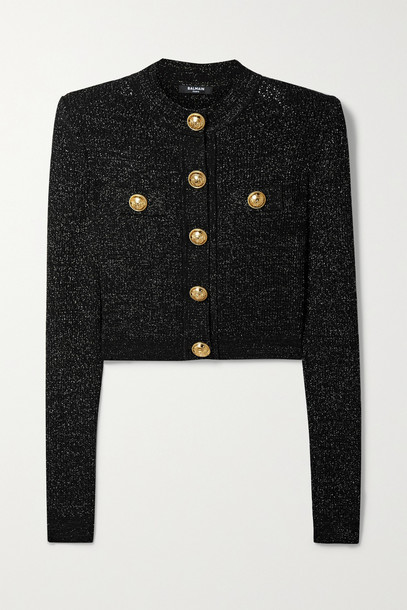 BALMAIN - Button-embellished Metallic Jacquard-knit Cardigan - Black