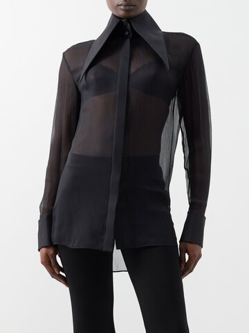 balmain - exaggerated-collar sheer silk-chiffon shirt - womens - black