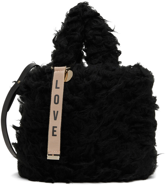 RED Valentino Black Furry Top Handle Shoulder Bag in nero
