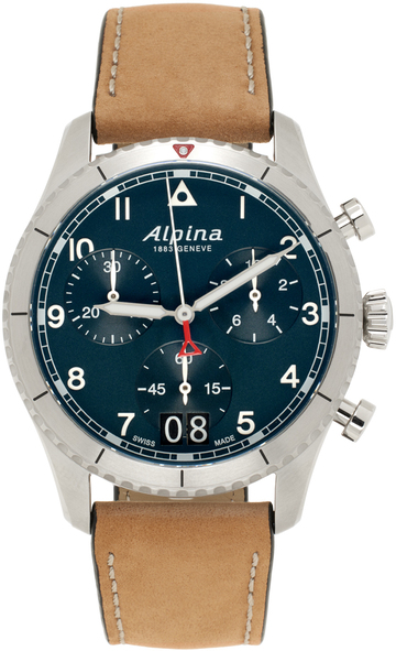 alpina brown startimer pilot quartz chronograph watch in silver