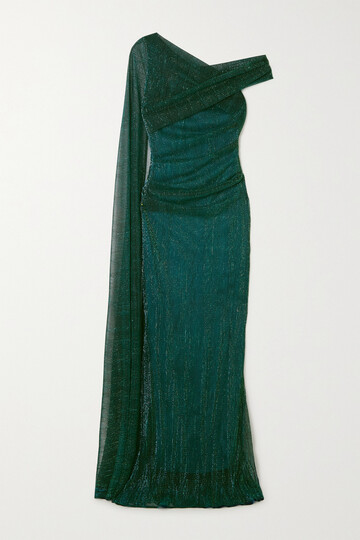 talbot runhof - asymmetric cape-effect stretch-lamé gown - green