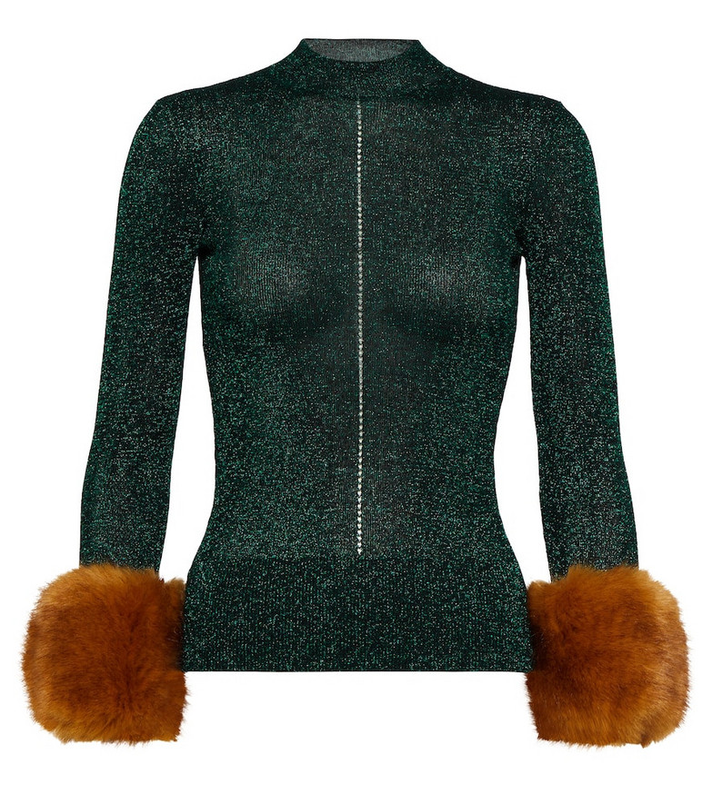 Saint Laurent Faux fur-trimmed LurexÂ® sweater in green