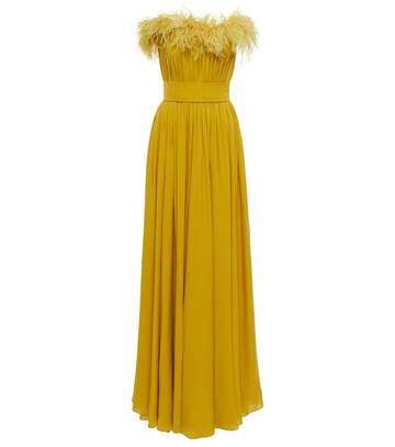 Elie Saab Feather-trimmed strapless silk gown in yellow