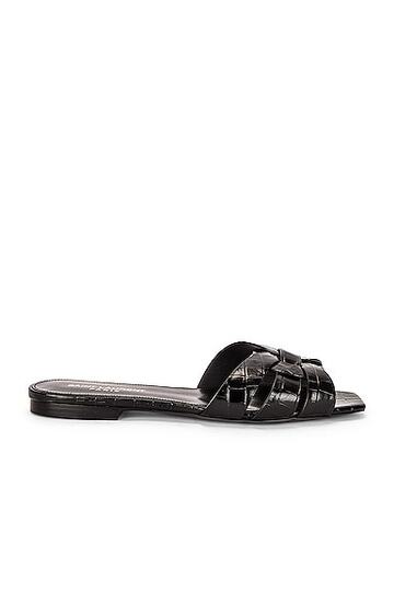 saint laurent tribute nu pieds embossed croc flat sandals in black in noir