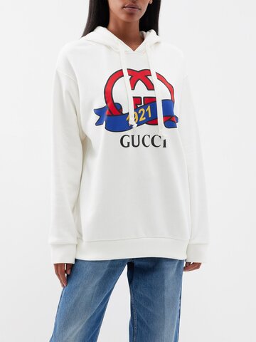 gucci - interlocking g-print cotton-jersey hoodie - womens - white multi