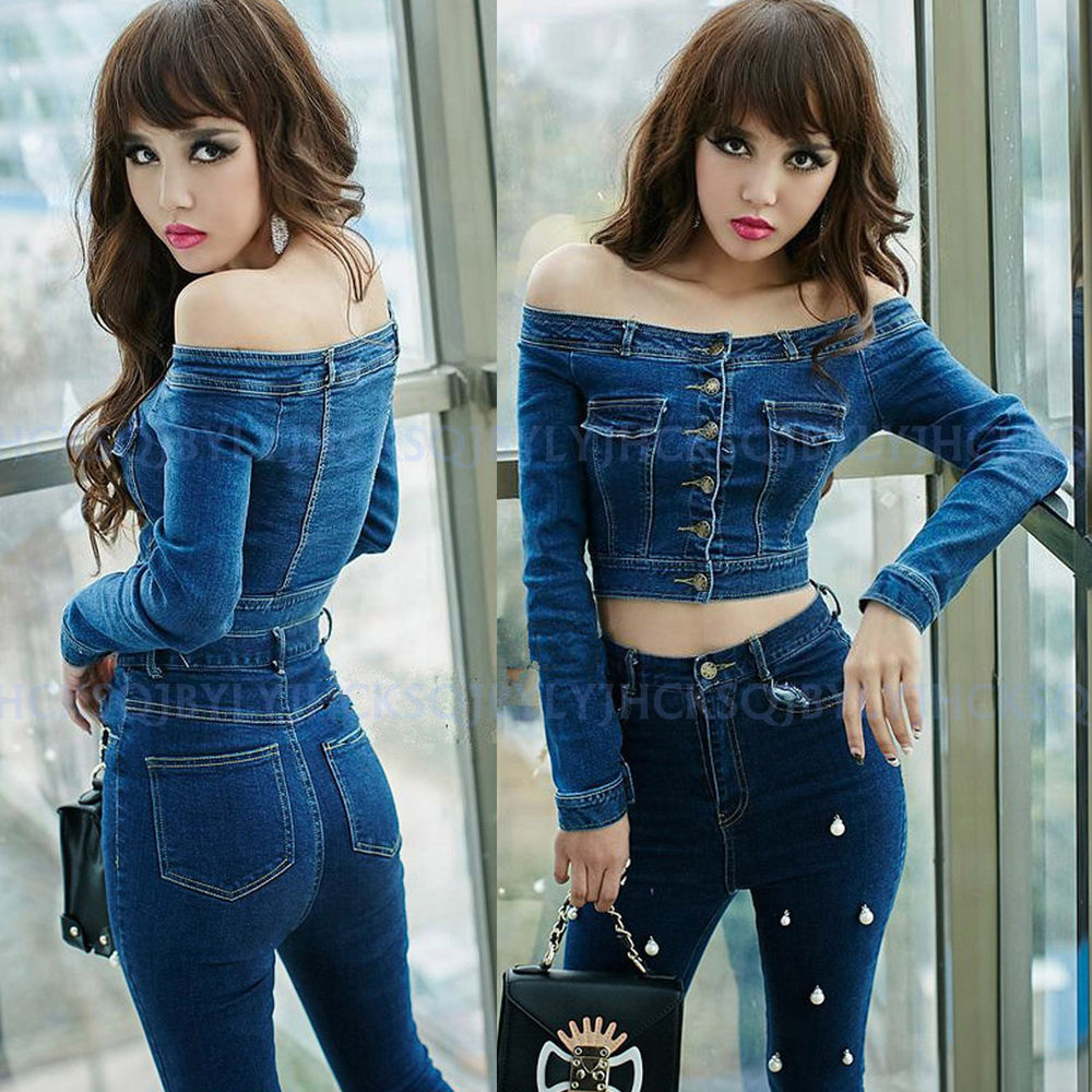 Sexy Women Long Sleeve Off Shoulder Denim Shirts Clubwear Crop Tops Jean Jacket