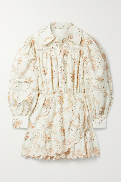LoveShackFancy - Dubov Crochet-trimmed Floral-print Cotton-twill Mini Shirt Dress - Ivory