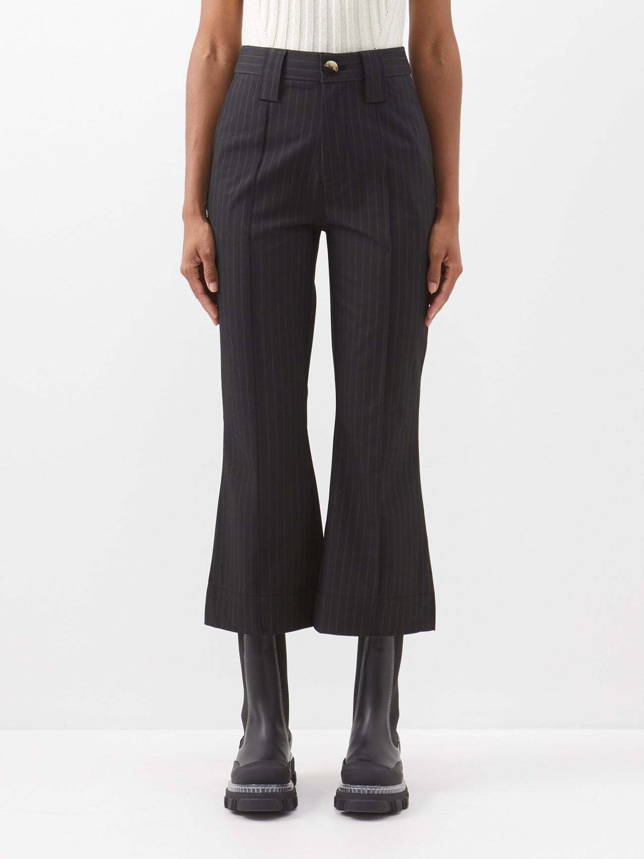 Ganni - High-rise Pinstriped Flared Trousers - Womens - Black