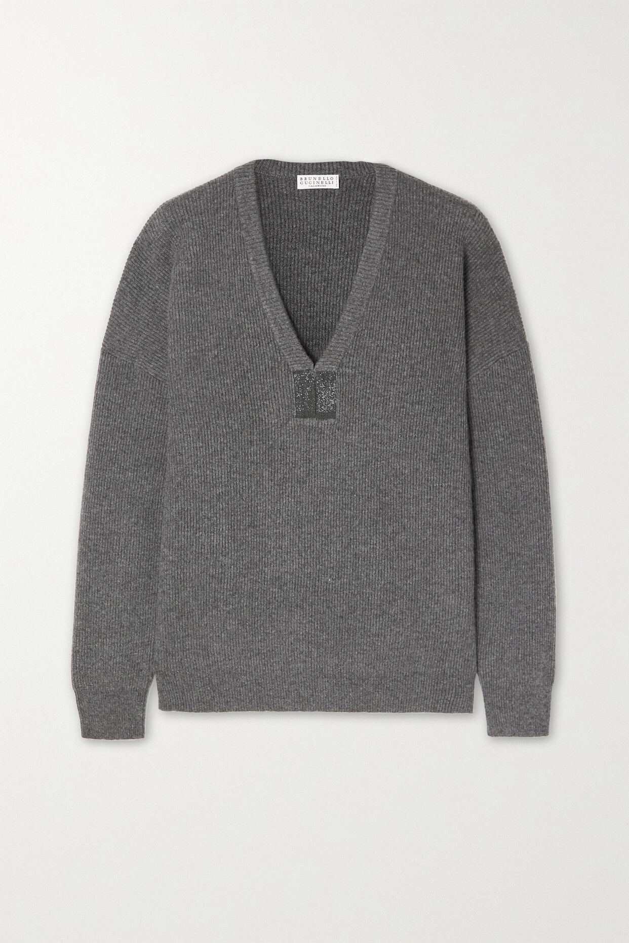 Brunello Cucinelli - Bead-embellished Ribbed Cashmere Sweater - Gray