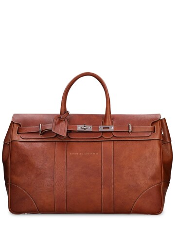 brunello cucinelli leather logo travel bag in brown / copper