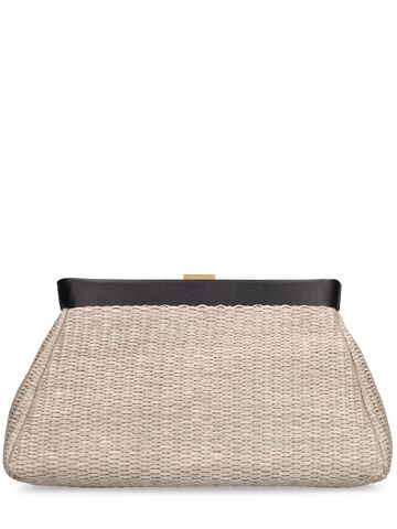 demellier cannes leather & raffia effect clutch in taupe