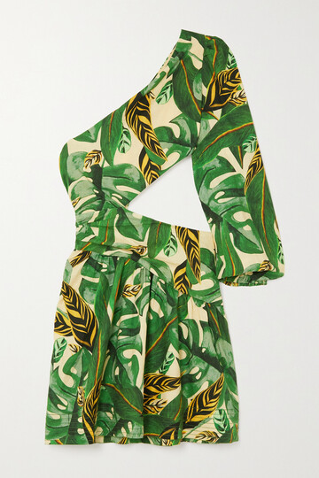 farm rio - one-sleeve cutout printed linen-blend mini dress - green