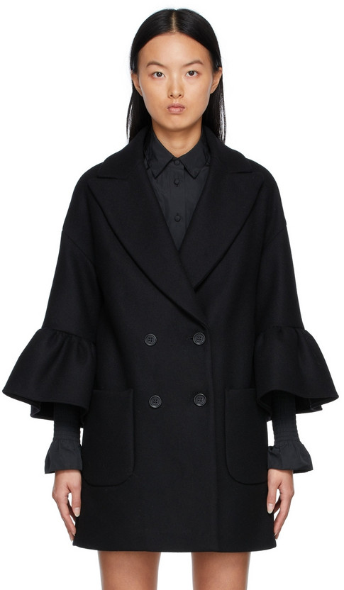 RED Valentino Wool Frill Sleeve Coat in black