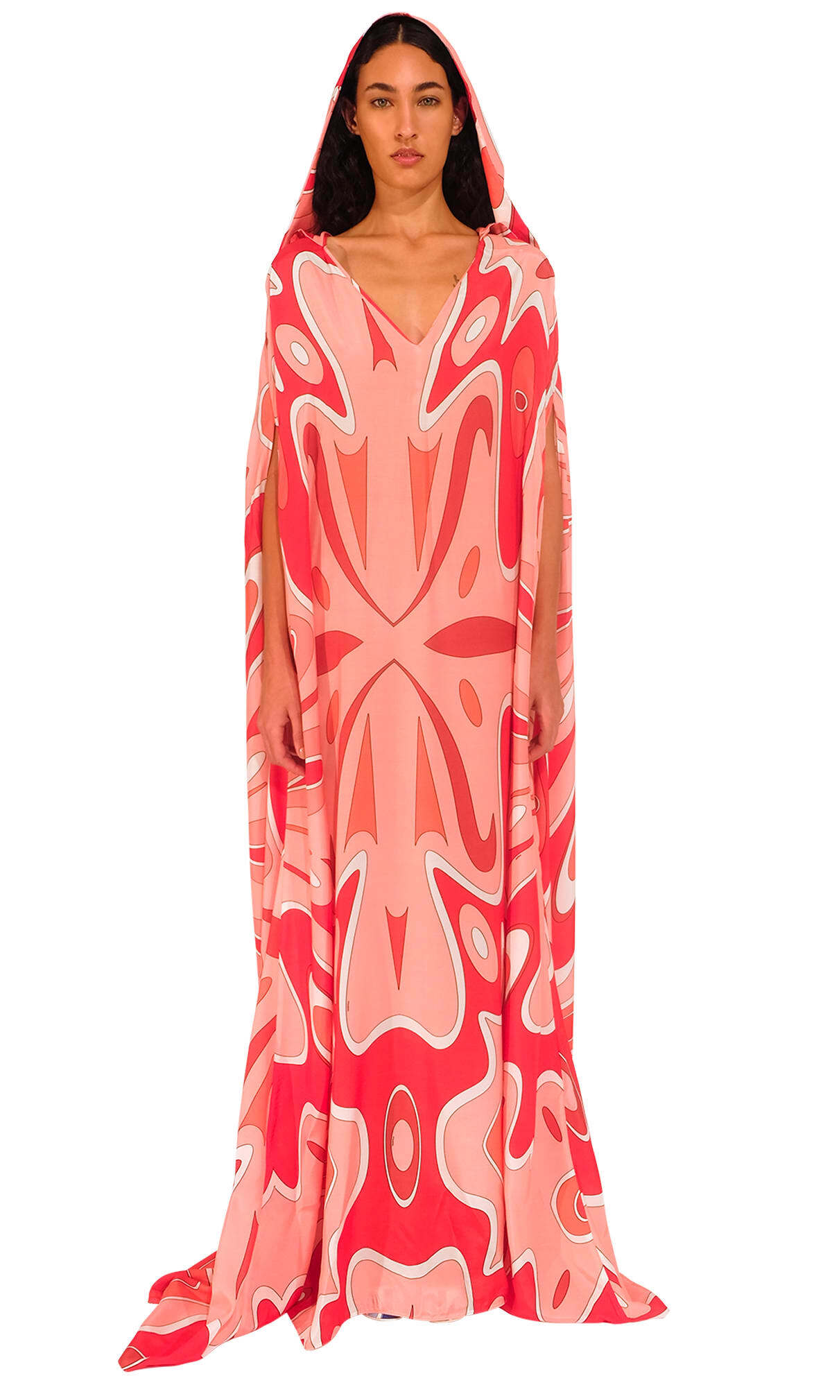 Sara Battaglia Hooded Dress in coral / print