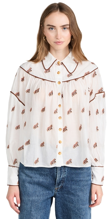 farm rio embroidered horses voluminous blouse off-white xxs