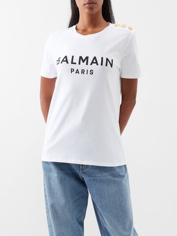 balmain - button-shoulder logo-print cotton t-shirt - womens - white black