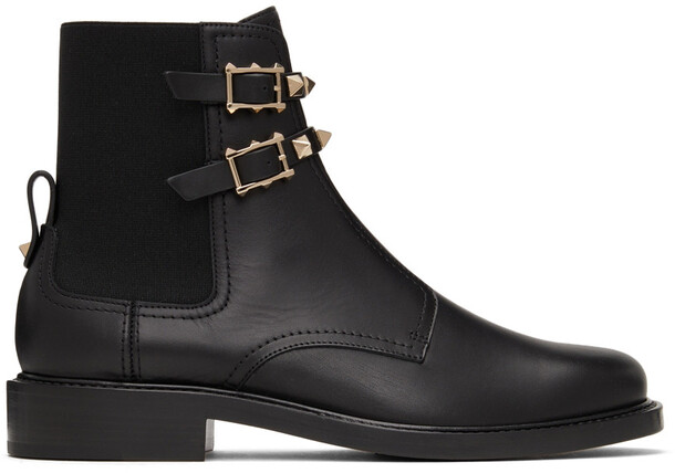 Valentino Garavani Double Strap Flat Rockstud Ankle Boots in black