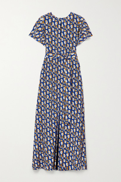 JASON WU - Belted Printed Silk-crepe Maxi Dress - Blue