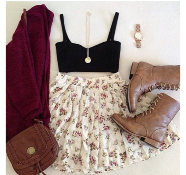 shoes skirt jewels shirt sweater dress pretty bag coat tank top cardigan brown leather boots floral skirt black top boots gold necklace gold watch outfit fashion style white floral skirt jewelry clothes blouse white skirt pattern top