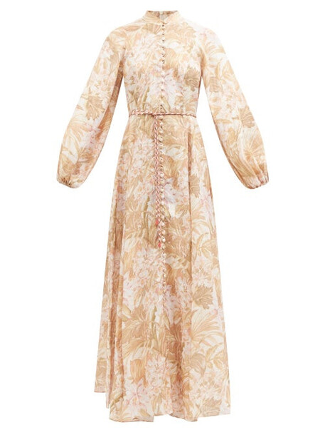 Zimmermann - Andie Stand-collar Floral-print Linen Maxi Dress - Womens - Beige Print