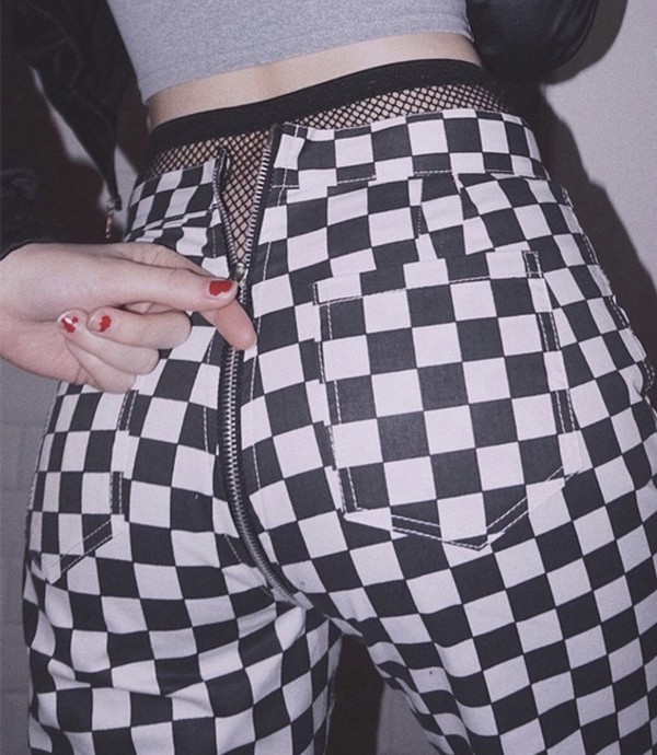 pants checkered squares grunge zip black and white checked trousers jeans zipped pants 
