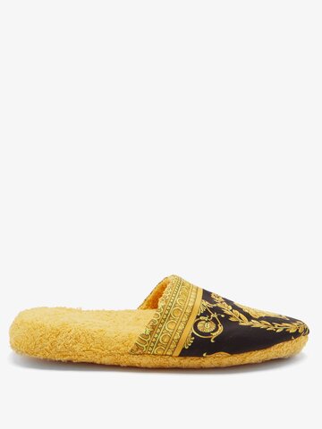 versace - baroque-print cotton-terry slippers - mens - black gold