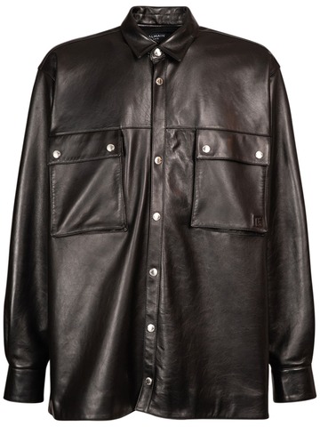 balmain front pocket leather overshirt in black
