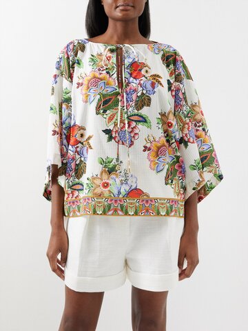 etro - floral-print cotton-blend blouse - womens - white multi
