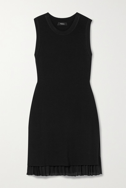 THEORY - Layered Ribbed-knit And Pleated Chiffon Mini Dress - Black