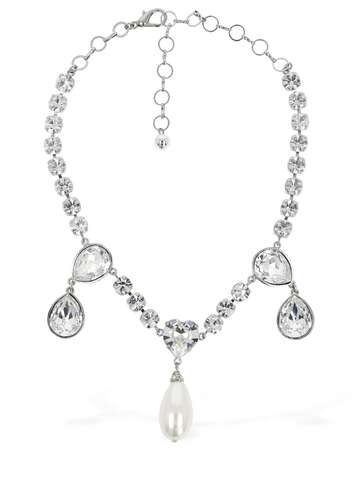 alessandra rich necklace w/ crystal & faux pearl drops in white