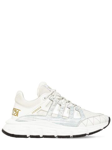 versace trigreca logo mesh & leather sneakers in gold / white